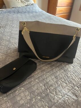Steve Madden Black and Cream Shoulder Tote with Gold Hardware